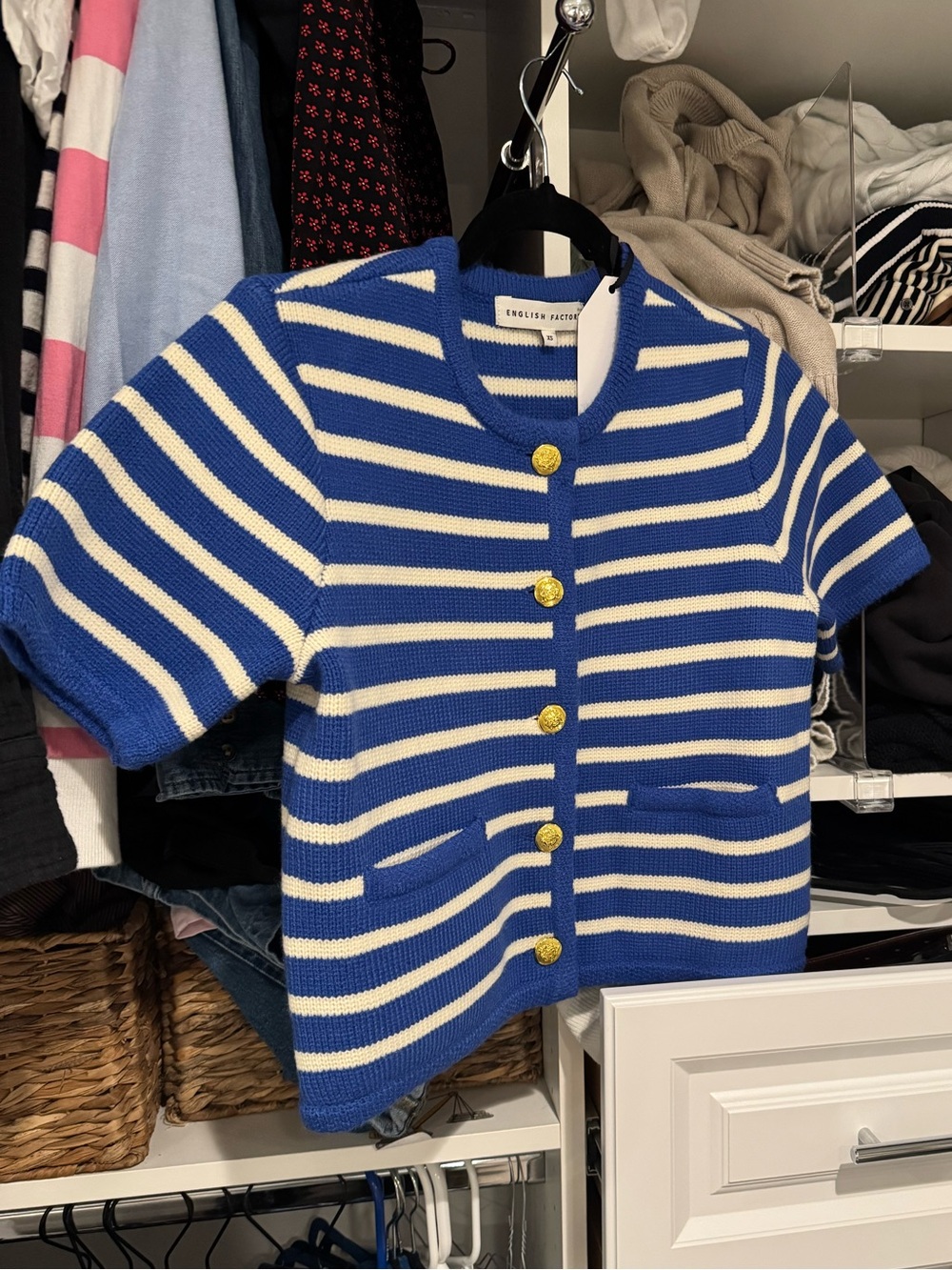 English Factory Blue and White Striped Knit Cardigan with Gold Buttons